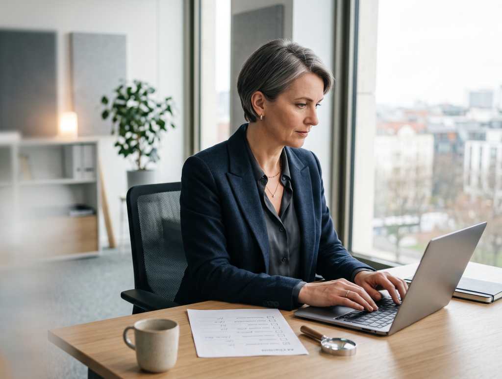 Finanzberaterin prüft einen Online Finanzanbieter und dessen Erlaubnisstatus